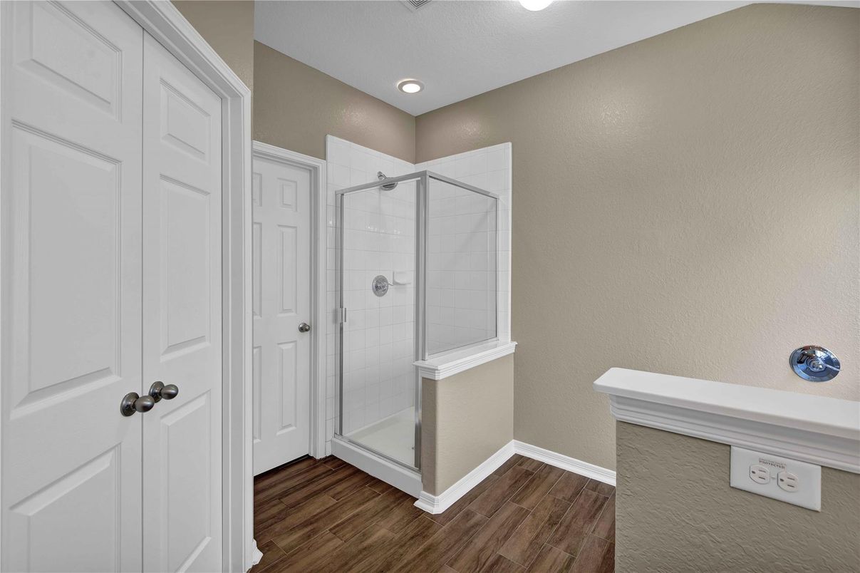 Bathroom, Glass Shower, Interior, Recessed Lighting, Wood Texture Flooring
