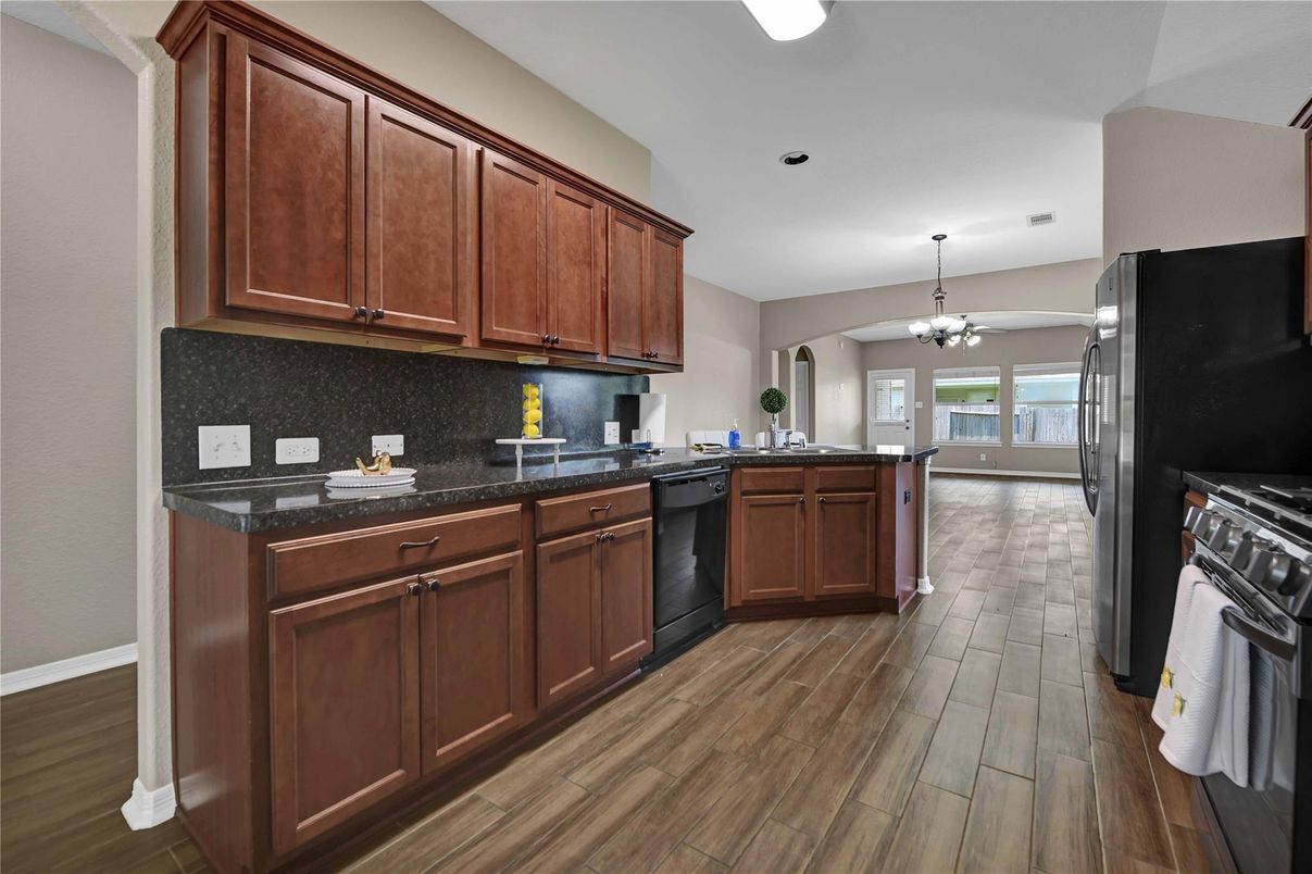 Chandelier, Interior, Kitchen, Recessed Lighting, Wood Texture Flooring