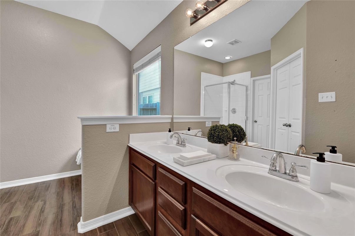 Bathroom, Dual Sink Vanities, Interior, Recessed Lighting, Wood Texture Flooring