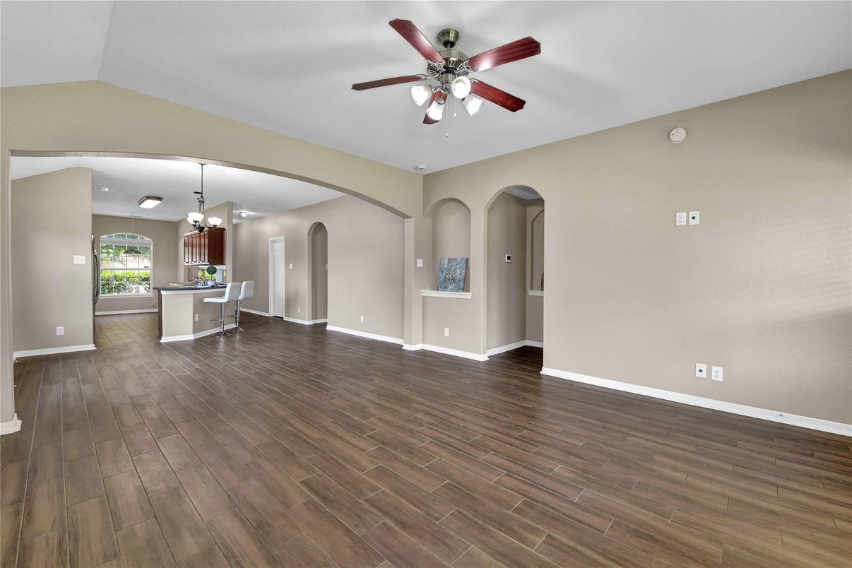 Dining room, Empty room, Interior, Kitchen, Pendant Lights, Wood Texture Flooring