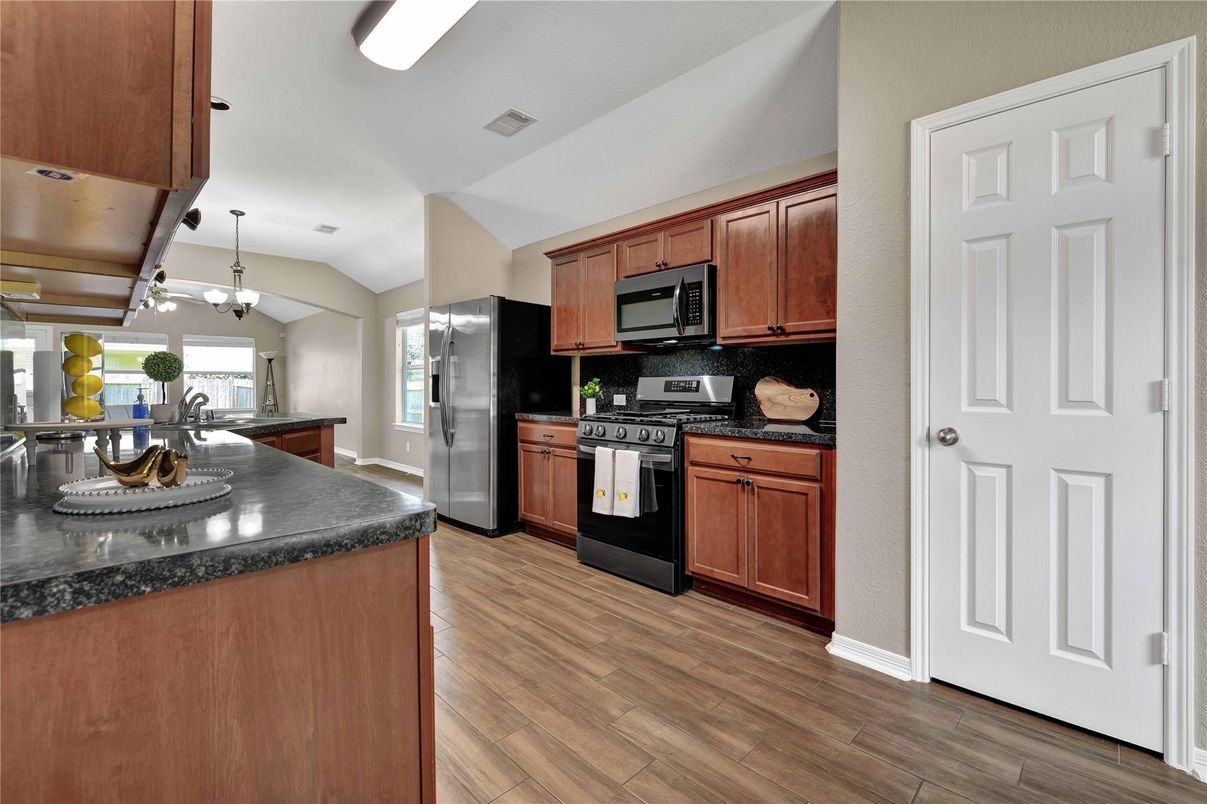 Interior, Kitchen, Pendant Lights, Stainless Steel Appliances, Wood Texture Flooring