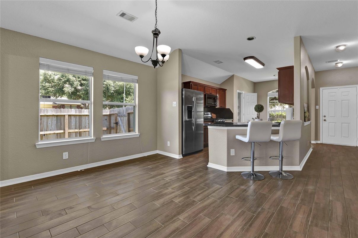 Chandelier, Interior, Kitchen, Pendant Lights, Stainless Steel Appliances, Wood Texture Flooring