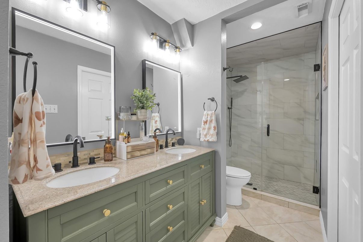 Bathroom, Dual Sink Vanities, Glass Shower, Interior, Marble Walls, Recessed Lighting