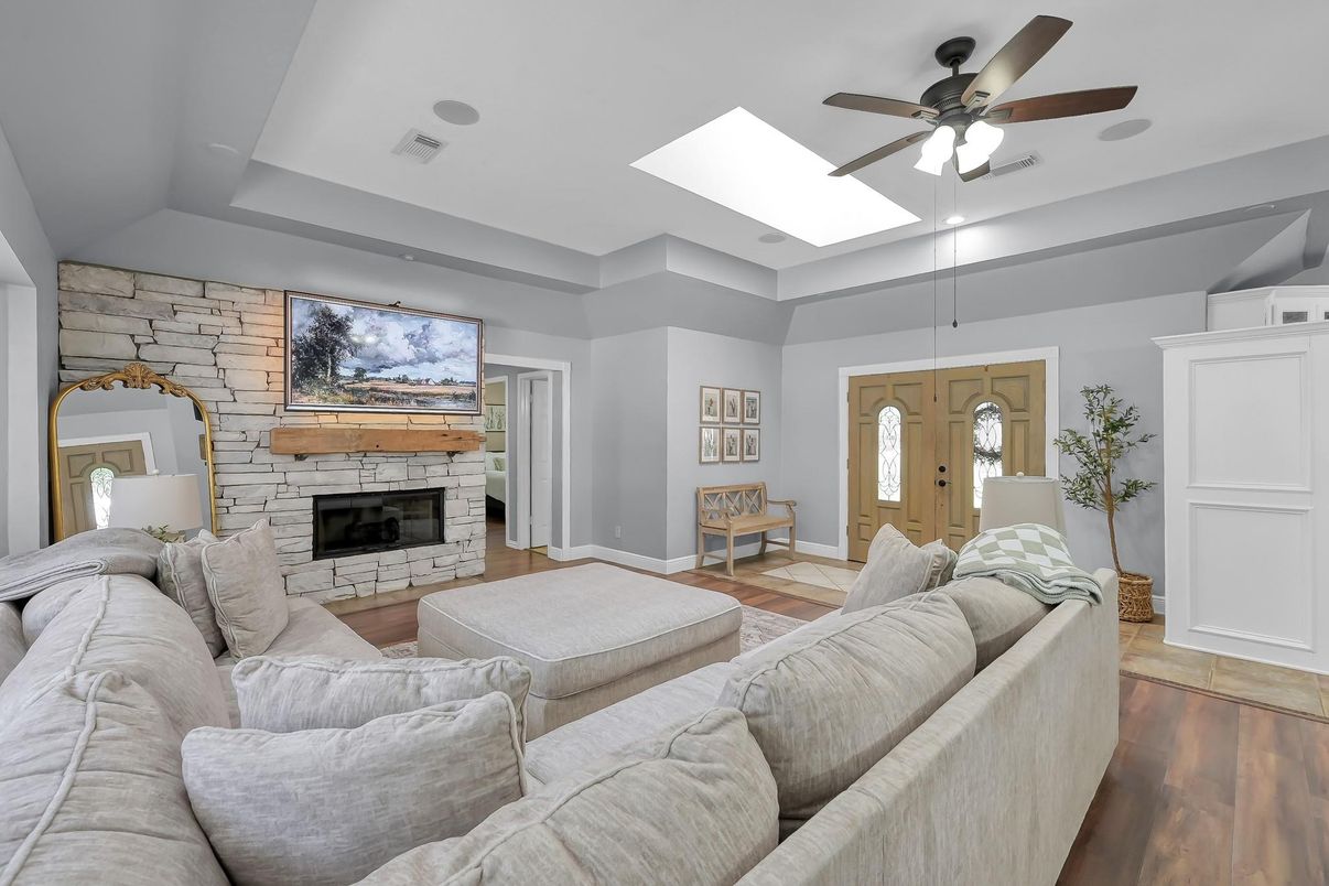 Fireplace, Interior, Living room, Stone Walls, Wood Texture Flooring