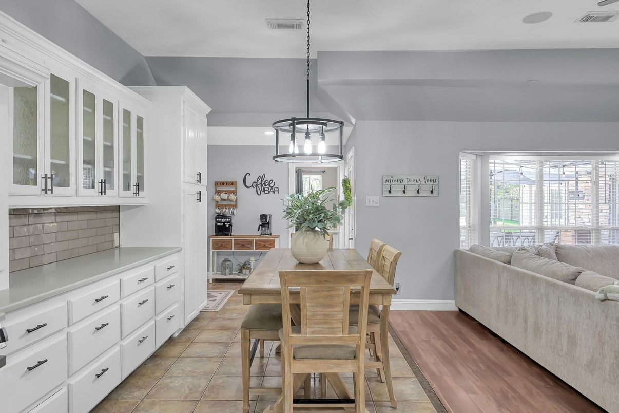 Dining room, Interior, Pendant Lights, Wood Texture Flooring