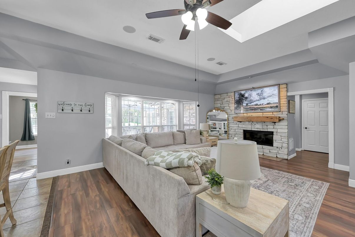 Fireplace, Interior, Living room, Stone Walls, Wood Texture Flooring