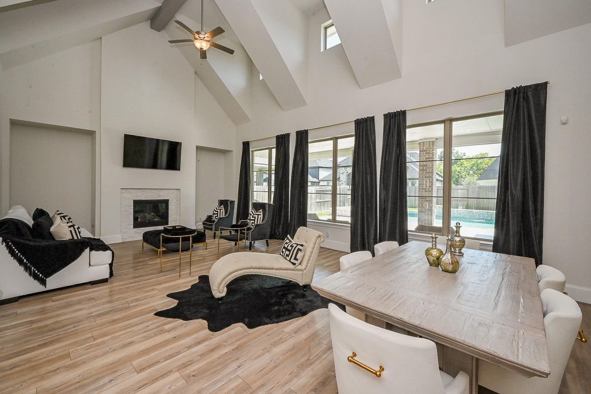 Dining room, Fireplace, Interior, Living room, Wood Texture Flooring