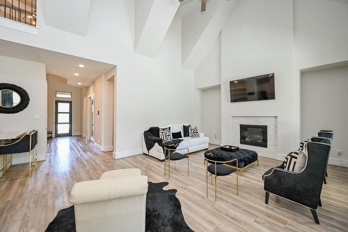 Fireplace, Interior, Living room, Recessed Lighting, Wood Texture Flooring