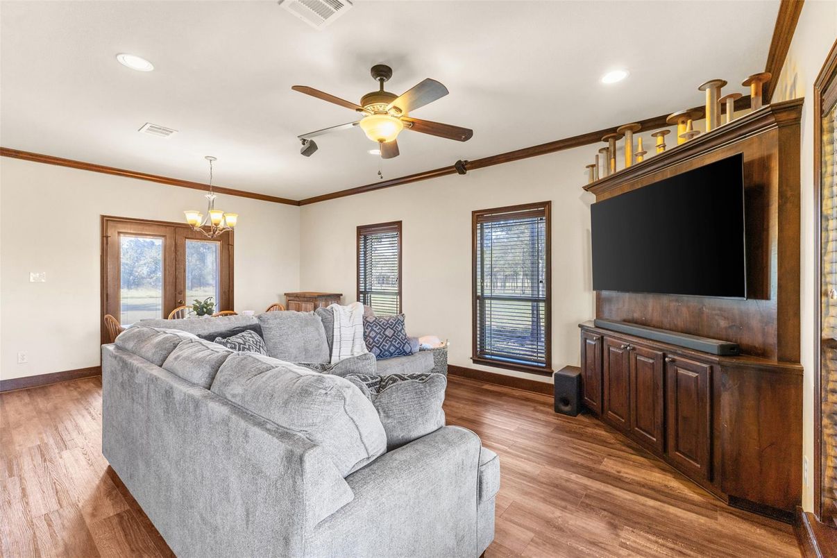 Dining room, Interior, Living room, Recessed Lighting, Wood Texture Flooring