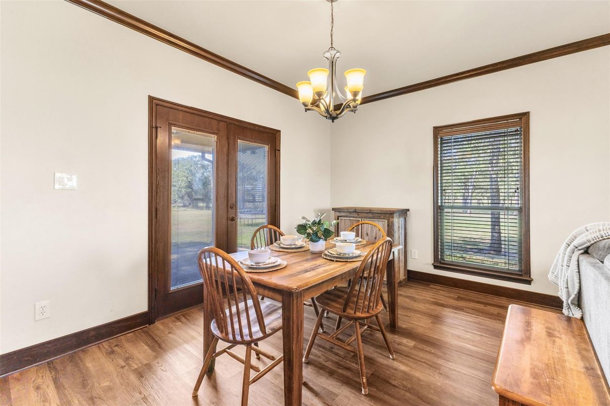 Chandelier, Dining room, Interior, Wood Texture Flooring