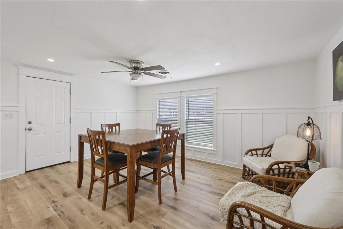 Dining room, Interior, Recessed Lighting, Wood Texture Flooring