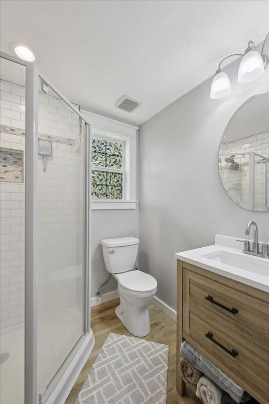 Bathroom, Glass Shower, Interior, Recessed Lighting, Wood Texture Flooring