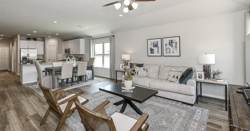 Dining room, Interior, Kitchen, Living room, Recessed Lighting, Stainless Steel Appliances, Wood Texture Flooring