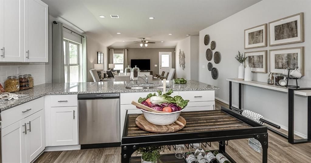 Dining room, Interior, Kitchen, Recessed Lighting, Stainless Steel Appliances, Wood Texture Flooring