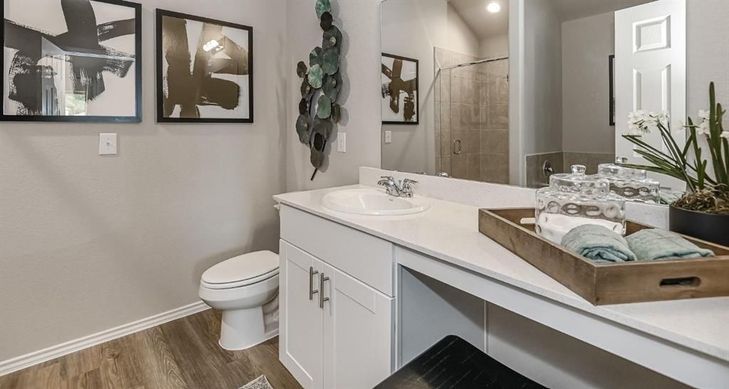 Bathroom, Dual Sink Vanities, Interior, Recessed Lighting, Wood Texture Flooring