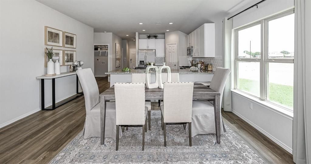 Dining room, Interior, Kitchen, Recessed Lighting, Wood Texture Flooring