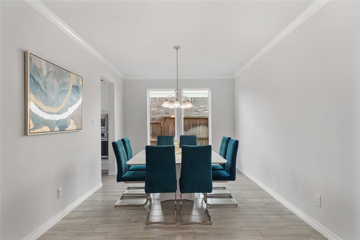 Chandelier, Dining room, Interior, Pendant Lights, Wood Texture Flooring