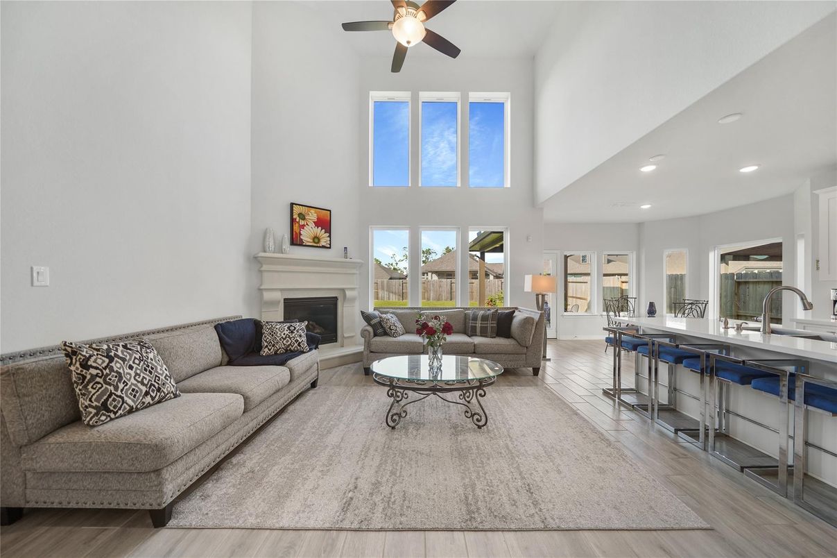 Fireplace, Interior, Living room, Recessed Lighting, Wood Texture Flooring