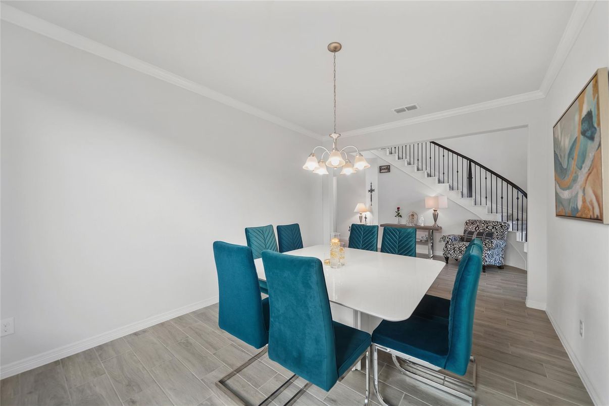 Dining room, Interior, Pendant Lights, Wood Texture Flooring