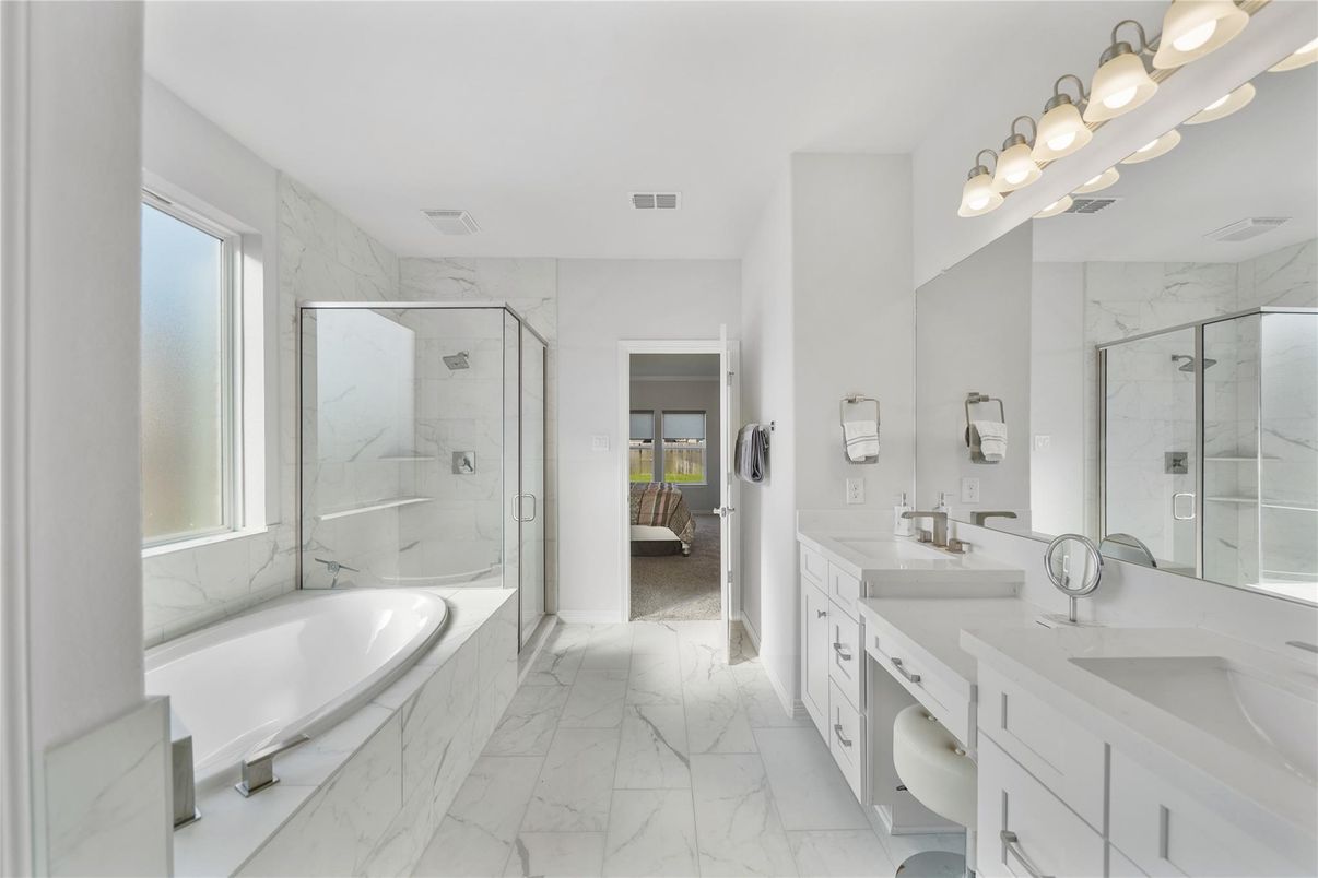 Bathroom, Dual Sink Vanities, Glass Shower, Interior, Marble, Marble Walls