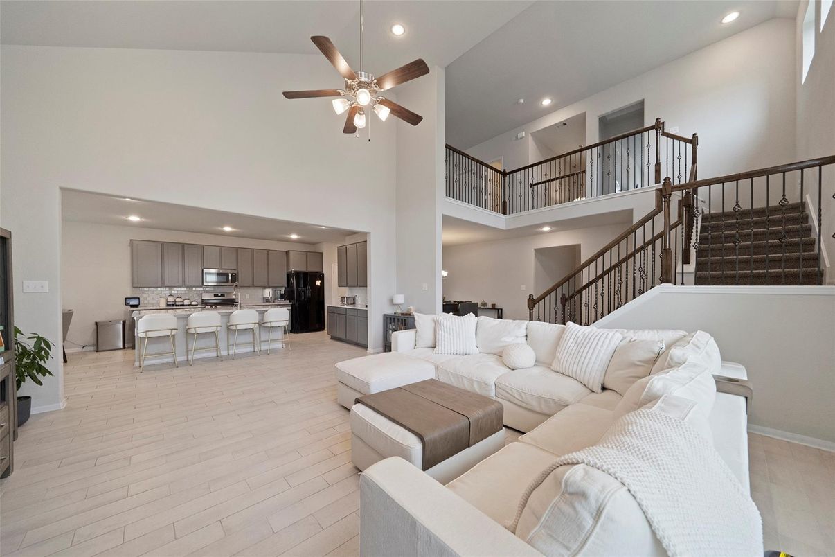 Interior, Kitchen, Living room, Recessed Lighting, Stainless Steel Appliances, Wood Texture Flooring