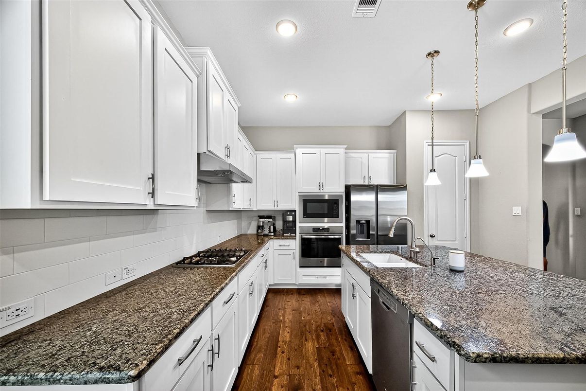 Interior, Kitchen, Pendant Lights, Recessed Lighting, Stainless Steel Appliances, Wood Texture Flooring