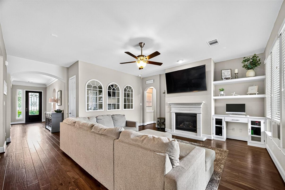 Fireplace, Interior, Living room, Recessed Lighting, Wood Texture Flooring