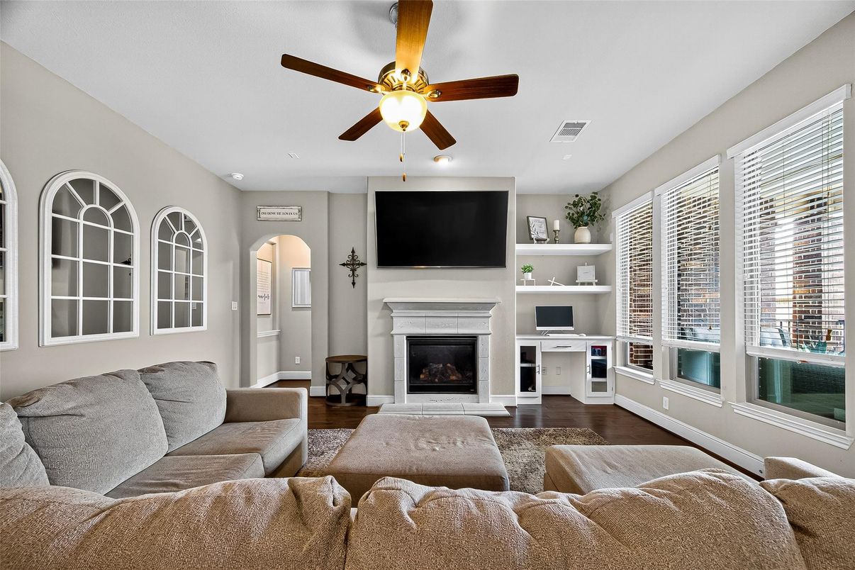 Fireplace, Interior, Living room, Recessed Lighting, Wood Texture Flooring