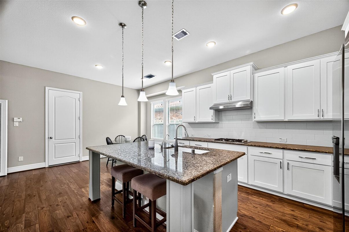 Interior, Kitchen, Pendant Lights, Recessed Lighting, Wood Texture Flooring