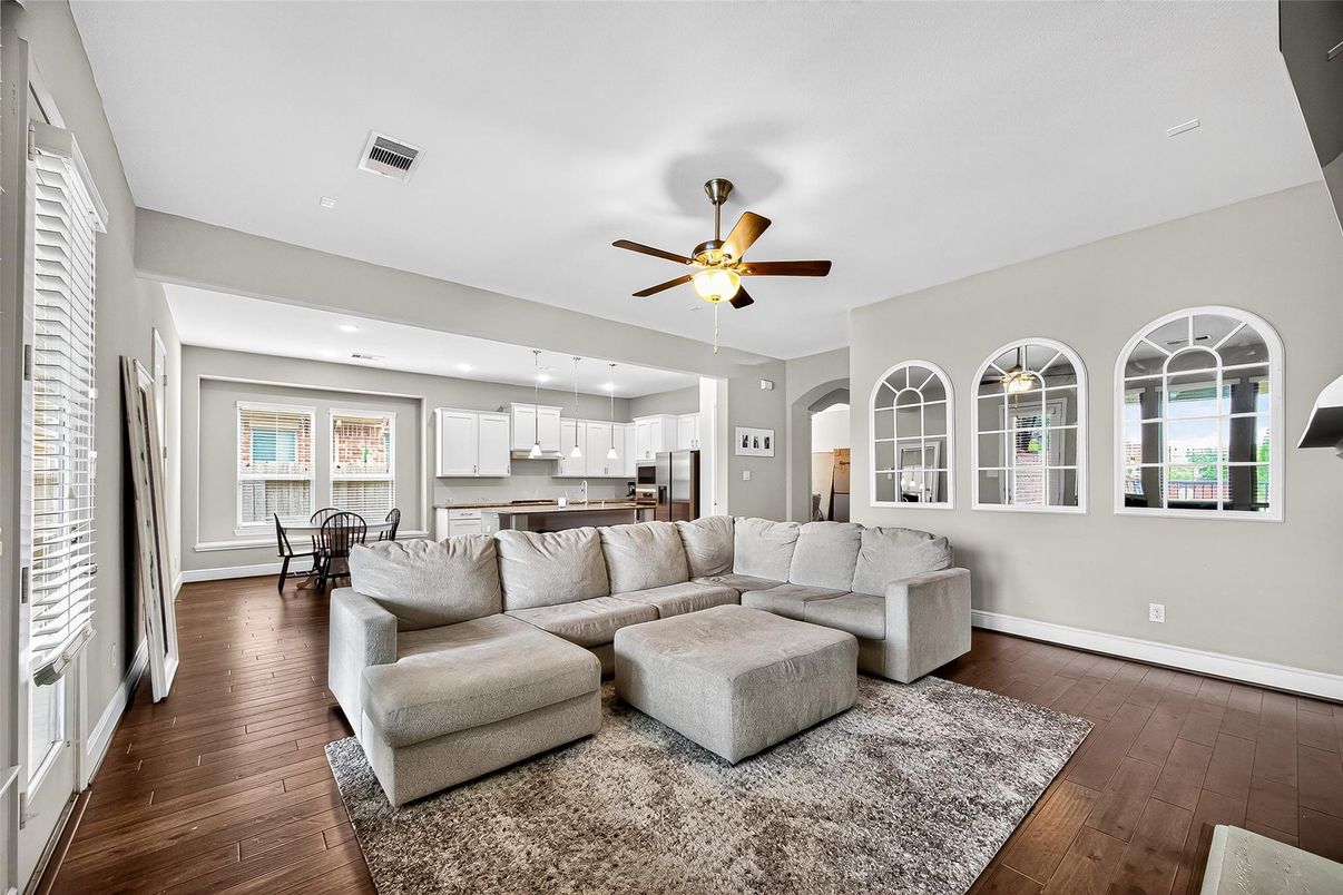 Dining room, Interior, Kitchen, Living room, Pendant Lights, Recessed Lighting, Stainless Steel Appliances, Wood Texture Flooring