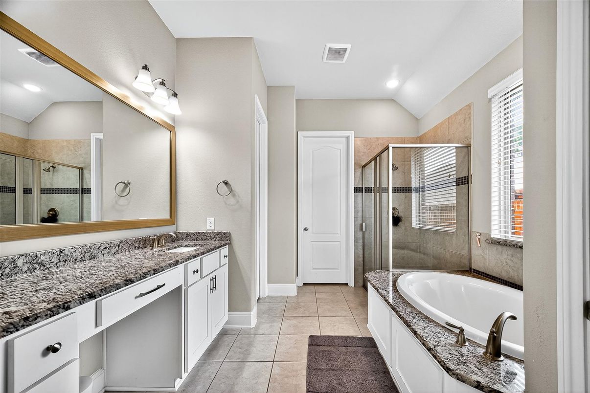 Bathroom, Dual Sink Vanities, Glass Shower, Interior, Recessed Lighting