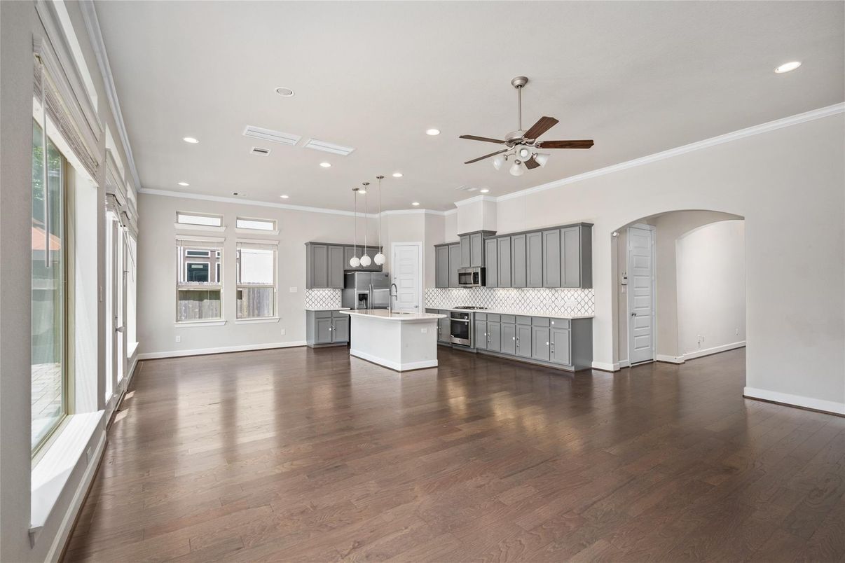 Interior, Kitchen, Pendant Lights, Recessed Lighting, Stainless Steel Appliances, Wood Texture Flooring