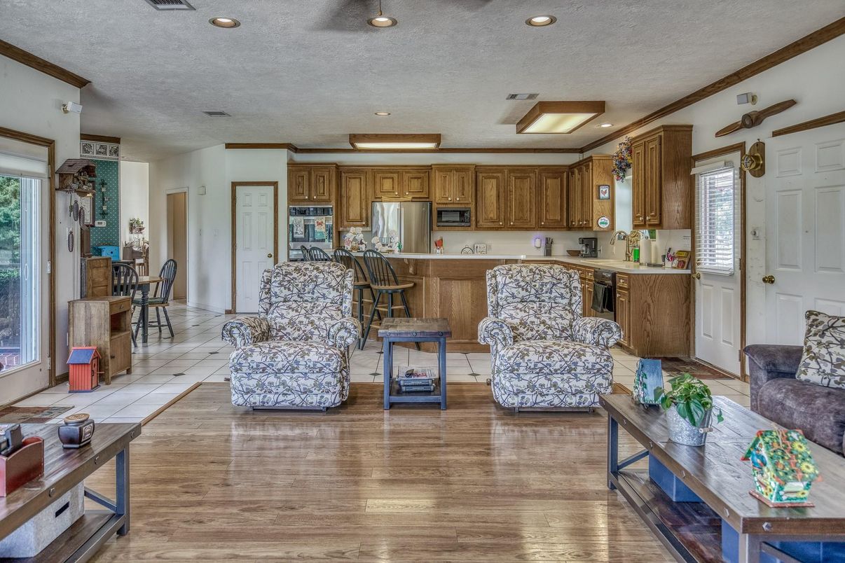 Interior, Kitchen, Living room, Recessed Lighting, Stainless Steel Appliances, Wood Texture Flooring