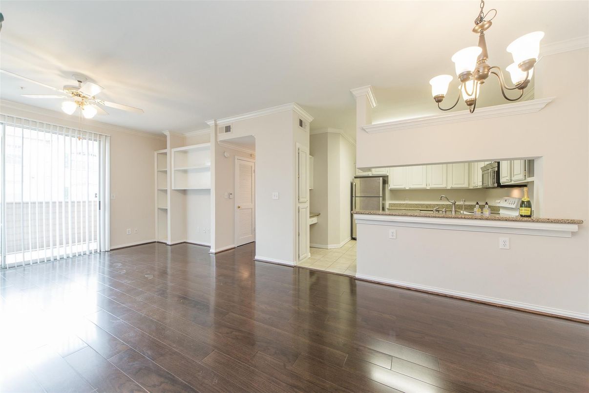 Chandelier, Empty room, Interior, Kitchen, Stainless Steel Appliances, Wood Texture Flooring