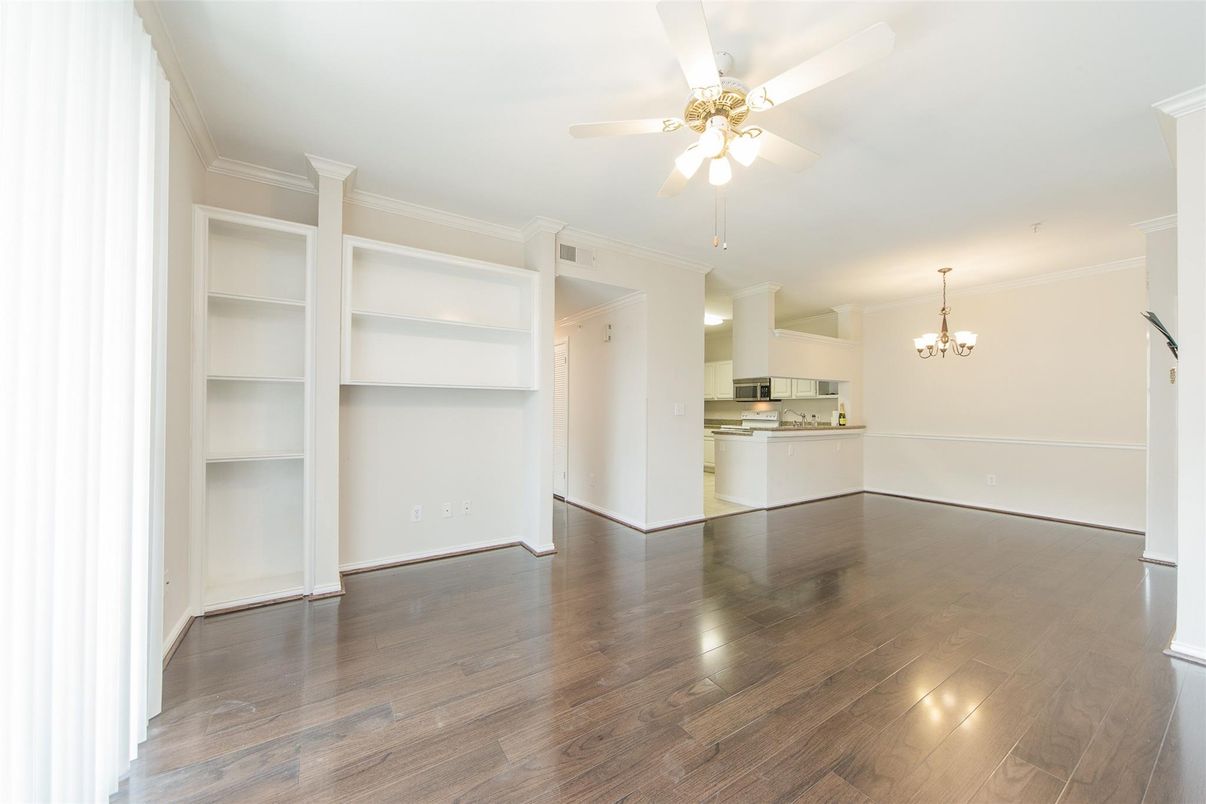 Chandelier, Empty room, Interior, Kitchen, Stainless Steel Appliances, Wood Texture Flooring