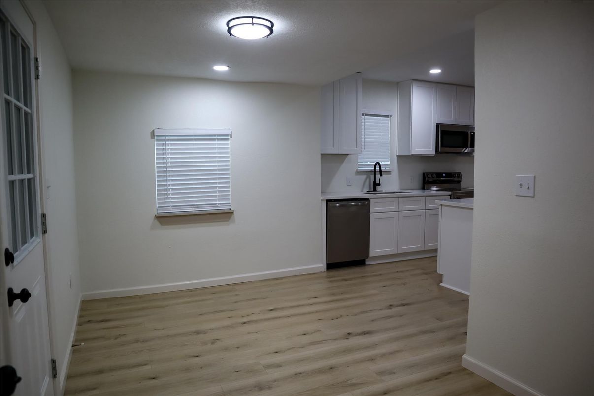 Interior, Kitchen, Recessed Lighting, Stainless Steel Appliances, Wood Texture Flooring
