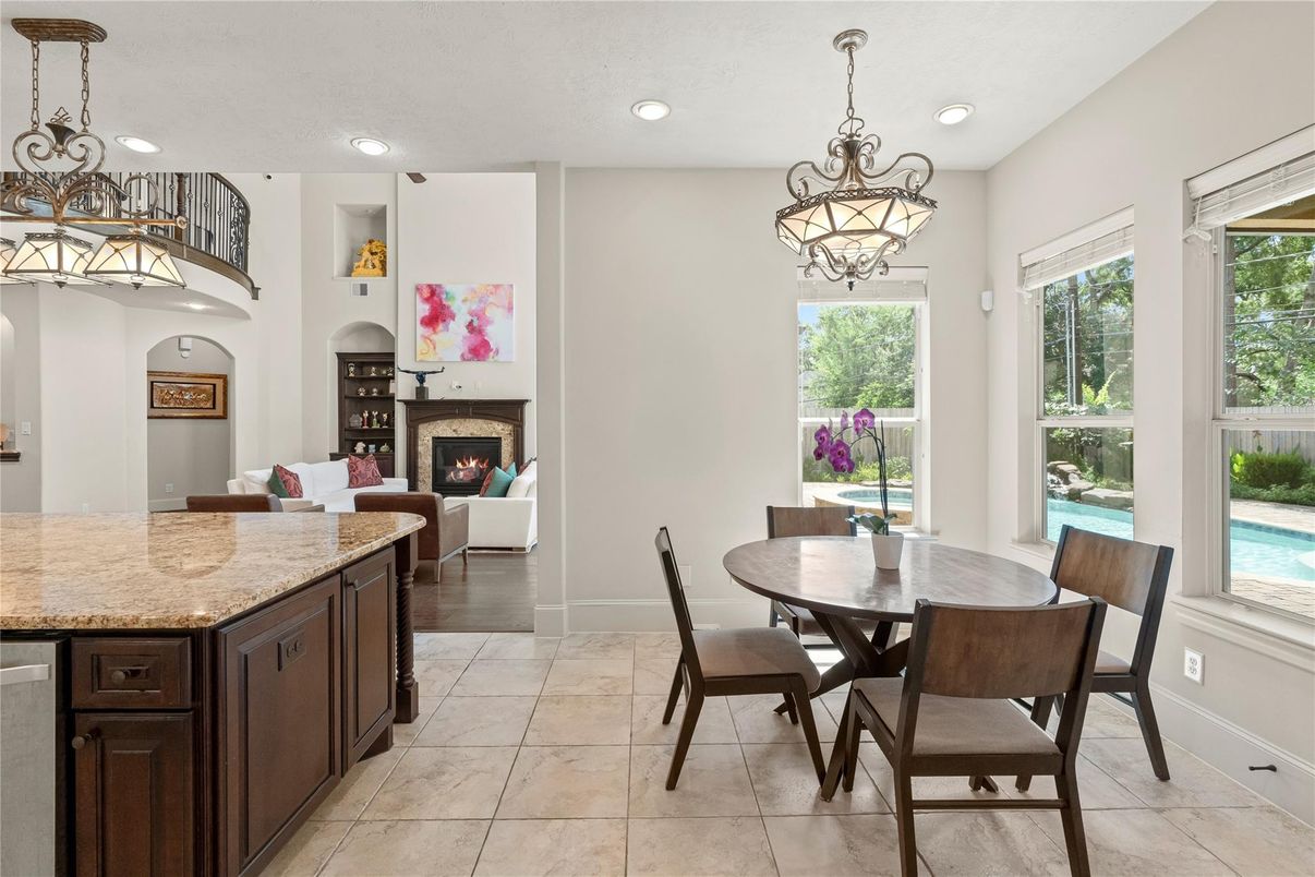 Chandelier, Dining room, Fireplace, Interior, Living room, Recessed Lighting
