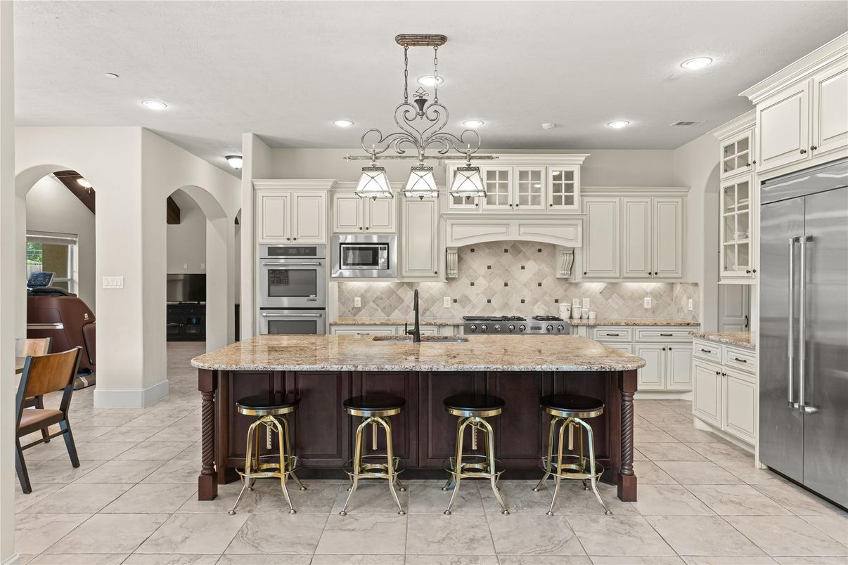 Interior, Kitchen, Marble, Pendant Lights, Recessed Lighting, Stainless Steel Appliances
