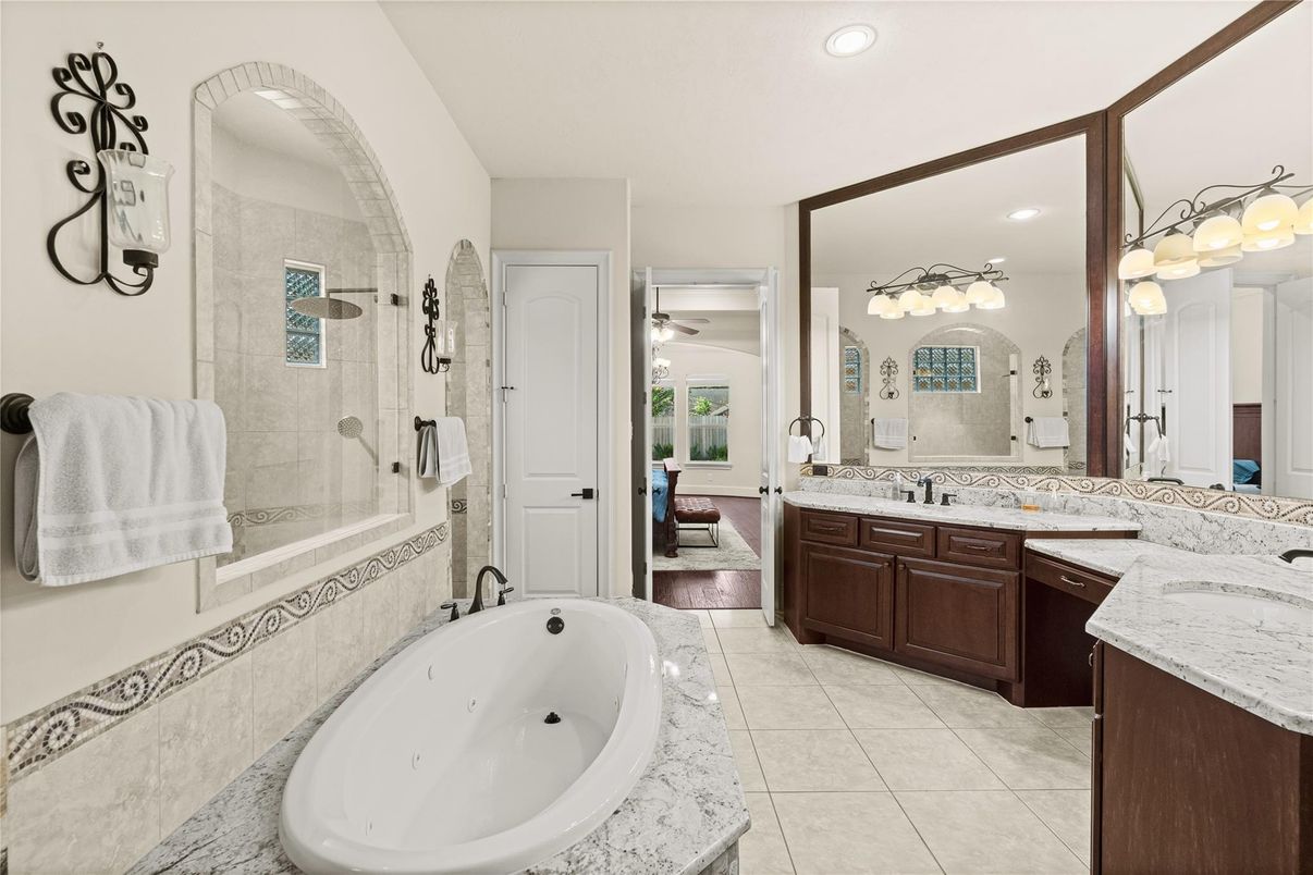 Bathroom, Dual Sink Vanities, Glass Shower, Interior, Recessed Lighting