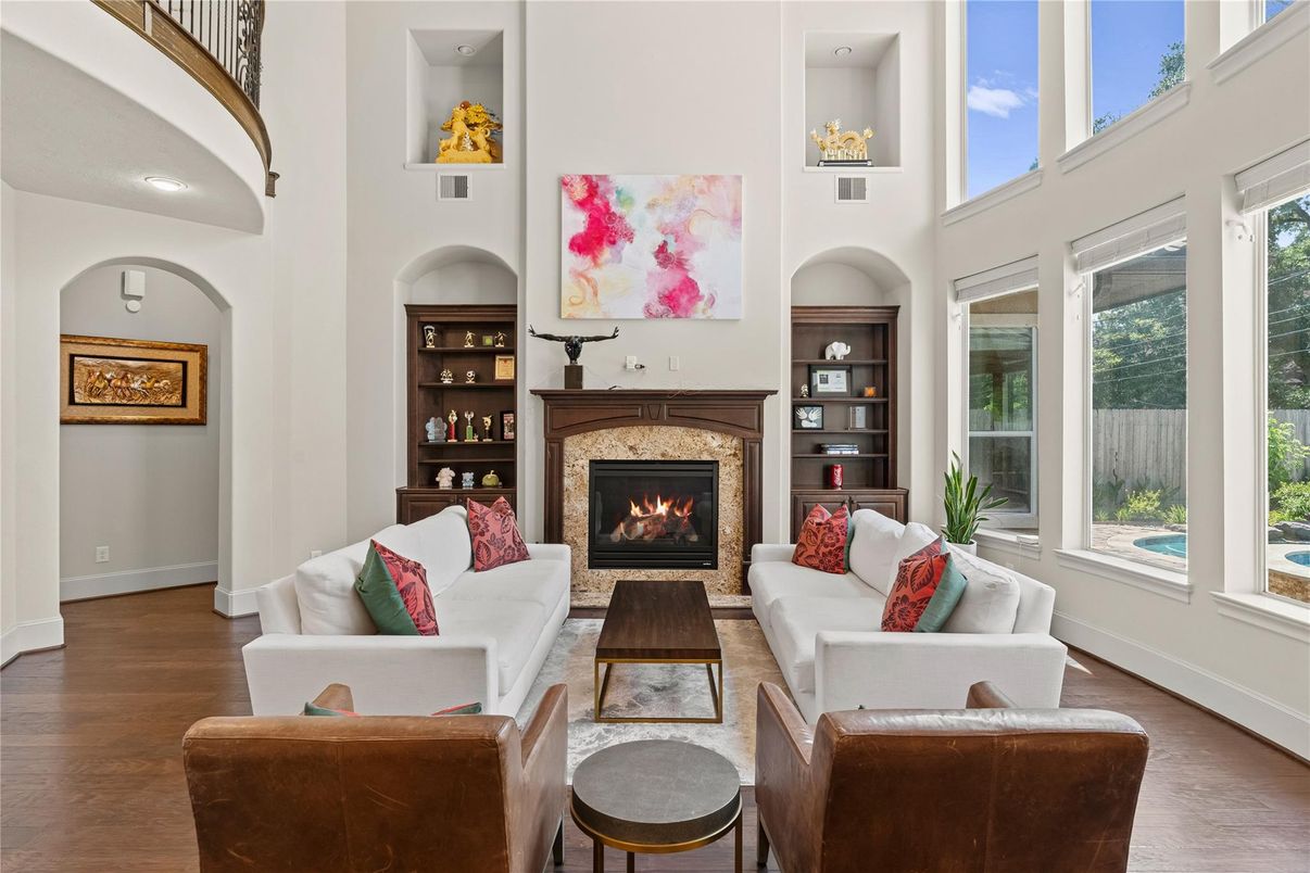 Fireplace, Interior, Living room, Recessed Lighting, Wood Texture Flooring