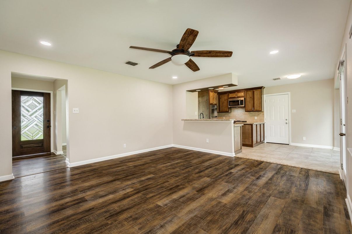 Empty room, Interior, Kitchen, Recessed Lighting, Wood Texture Flooring