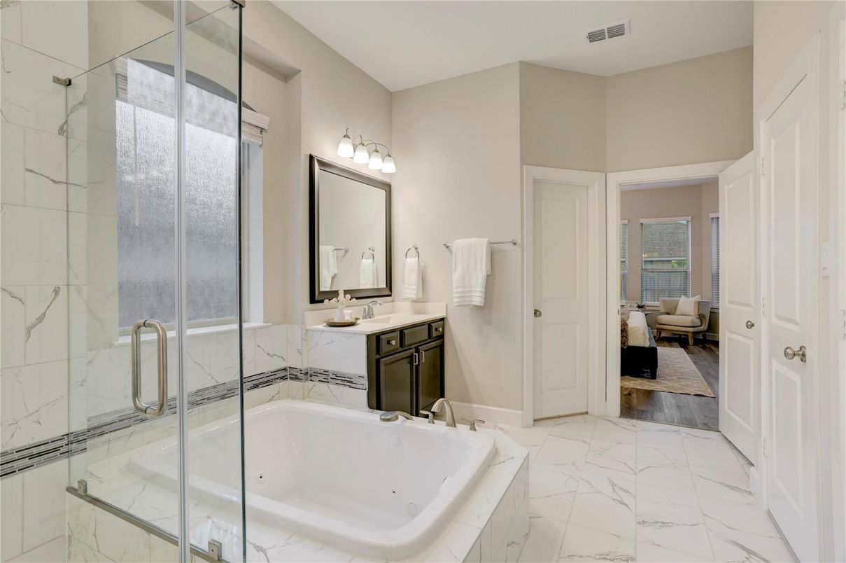 Bathroom, Glass Shower, Interior, Marble, Marble Walls, Wood Texture Flooring