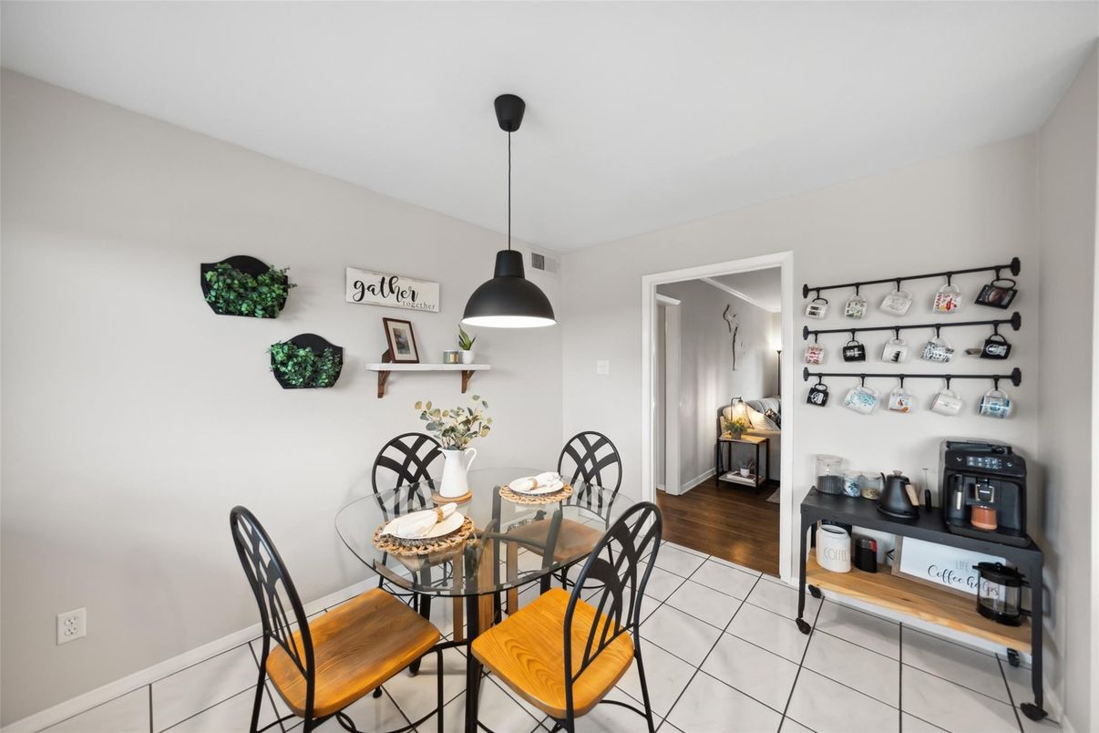 Dining room, Interior, Pendant Lights, Wood Texture Flooring
