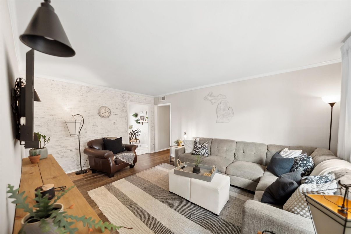 Interior, Living room, Stone Walls, Wood Texture Flooring