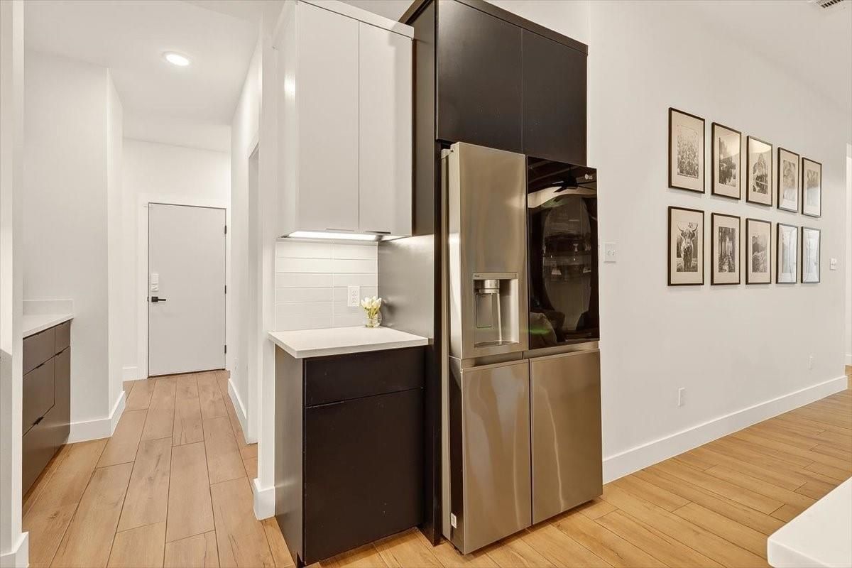 Interior, Kitchen, Recessed Lighting, Stainless Steel Appliances, Wood Texture Flooring