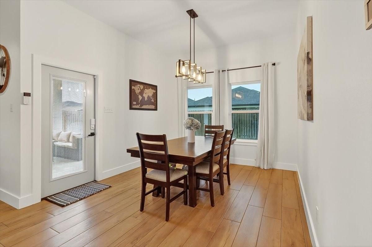 Dining room, Interior, Pendant Lights, Wood Texture Flooring