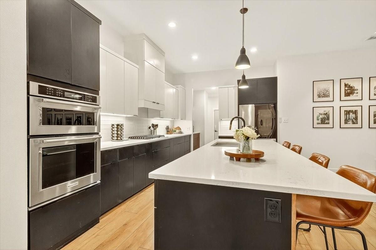 Interior, Kitchen, Pendant Lights, Recessed Lighting, Stainless Steel Appliances, Wood Texture Flooring