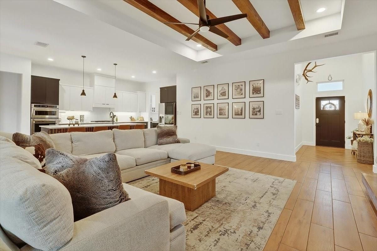 Interior, Kitchen, Living room, Pendant Lights, Recessed Lighting, Stainless Steel Appliances, Wooden Beams, Wood Texture Flooring