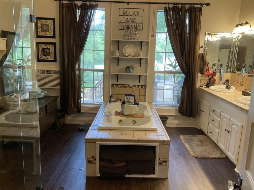 Bathroom, Dual Sink Vanities, Interior, Tile Countertops, Wood Texture Flooring