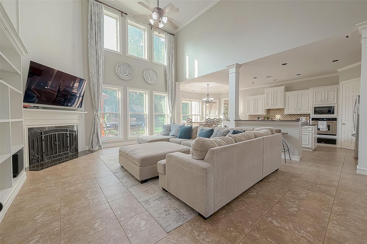 Dining room, Fireplace, Interior, Kitchen, Living room, Pendant Lights, Recessed Lighting